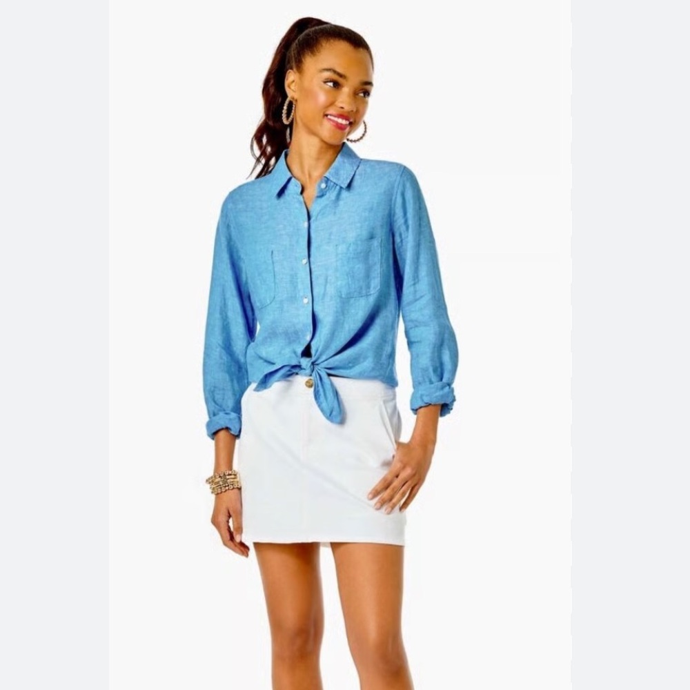 NEW Lilly Pulitzer Sea View Linen Button Down Top Beckon Blue & Sea Salt Shirt - Picture 5 of 12